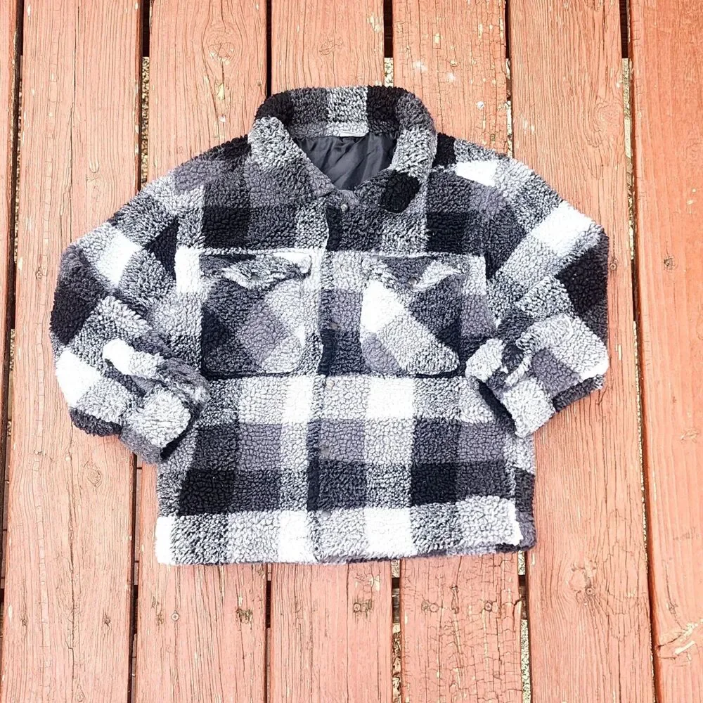 Wonder‎ Nation Boys Faux Sharpa Button Trucker Jacket Black Plaid,Size S (6-7) - Picture 2 of 11